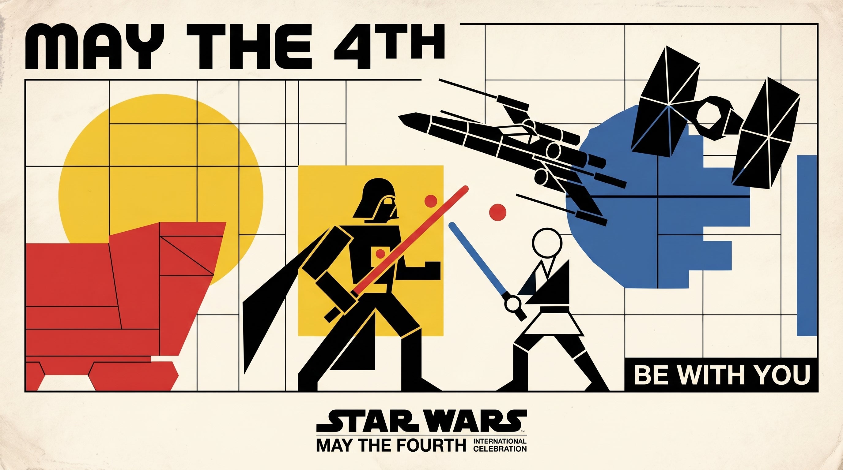 Retro geometric Star Wars May the 4th Be With You poster with Darth Vader and Jedi lightsaber duel, TIE fighters in minimalist Bauhaus style