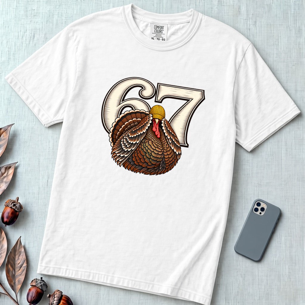 67 Turkey T-Shirt, Funny Six Seven Meme Tee, Thanksgiving time - White unfolded t-shirt mockup
