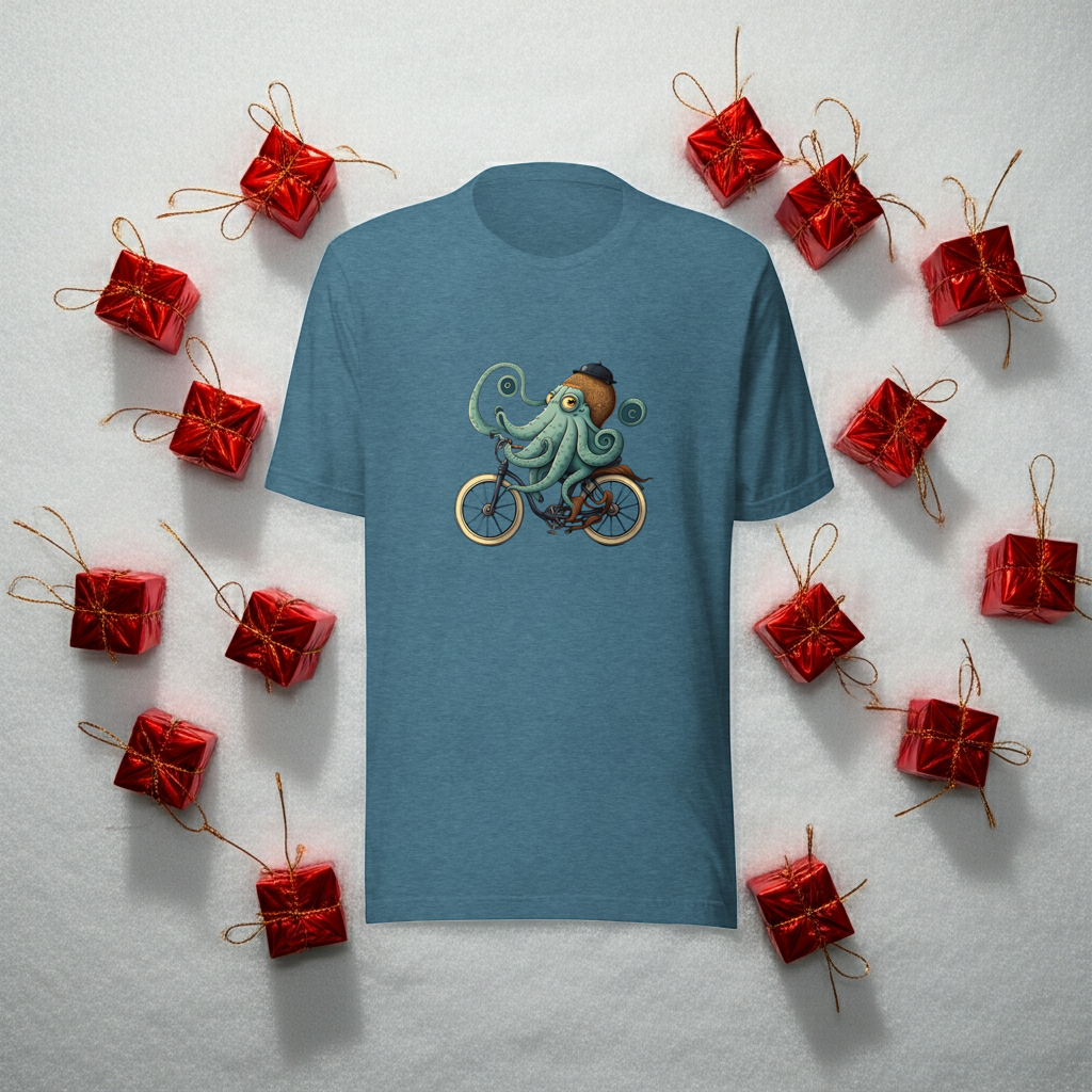 Unisex t-shirt with octopus on a bike