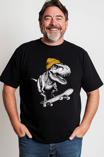 Man wearing a black t-shirt with a dinosaur graphic and a yellow beanie on skate
