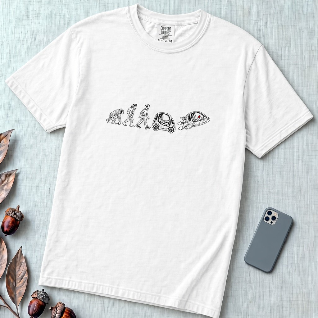 Evolution of Man Flying Car T-Shirt - White unfolded t-shirt mockup