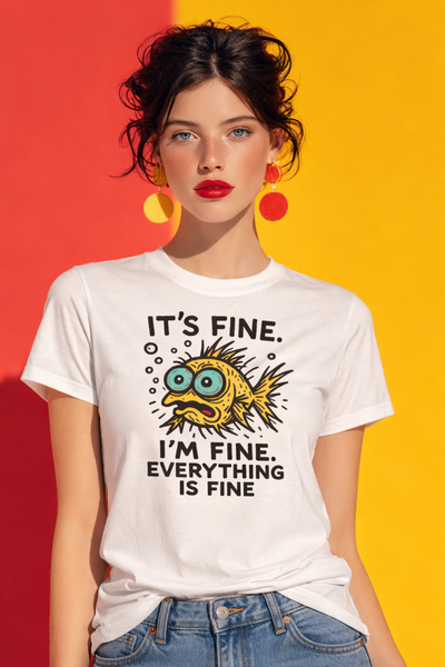 Woman wearing a white t-shirt with a fish graphic and text against a colorful background