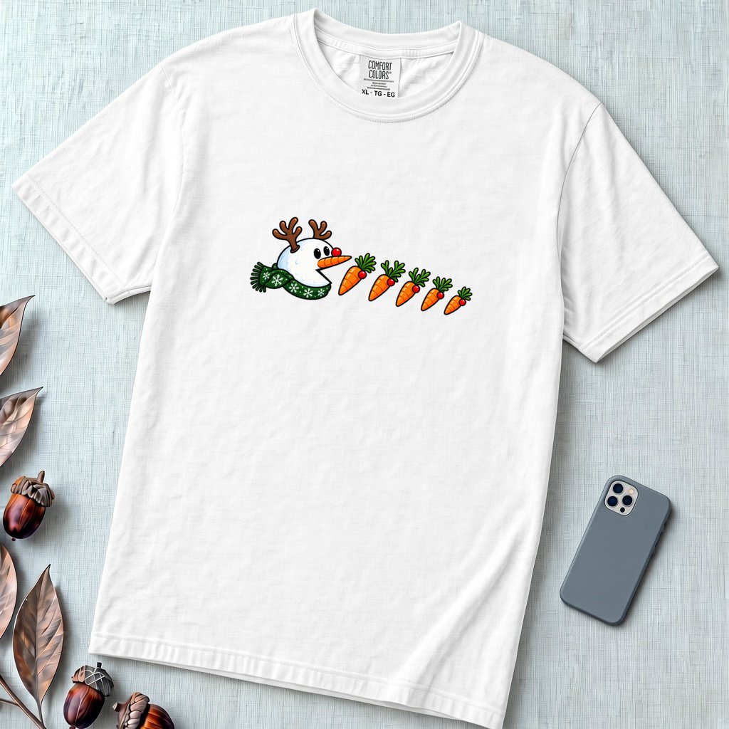 Reindeer Snowman Arcade Inspired T-Shirt - White unfolded t-shirt mockup