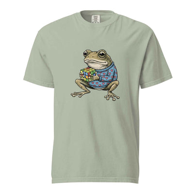 Bay green Funny frog solving Rubik's cube retro toad heart sweater graphic tee - funny frog rubiks cube tee