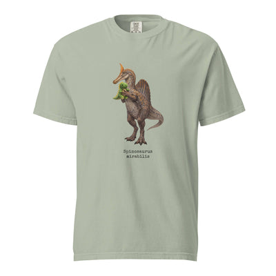 Light green Spinosaurus mirabilis t-shirt with plush toy - hell heron dinosaur tee