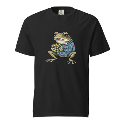 Black Funny frog solving Rubik's cube retro toad heart sweater graphic tee - retro toad puzzle shirt gift