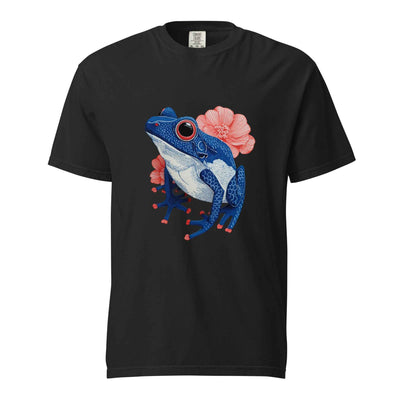 Black Blue tree frog botanical graphic tee - frog lover botanical nature tee