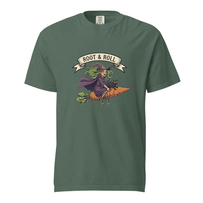 Blue spruce Root & Roll vegan witch on carrot funny vegetarian graphic t-shirt - funny vegan shirt vegetarian gift