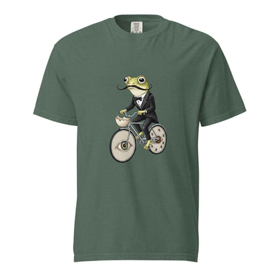 Blue spruce Salvador Dali inspired frog on bicycle graphic t-shirt - salvador dali frog on bicycle art shirt