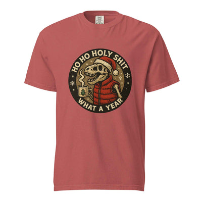 Unisex garment-dyed heavyweight Comfort Colors Funny Dino Christmas Shirt, Ho Ho Holy Shit T-Rex Tee, What a Year Meme Shirt, Skeleton Dino Xmas Shirt