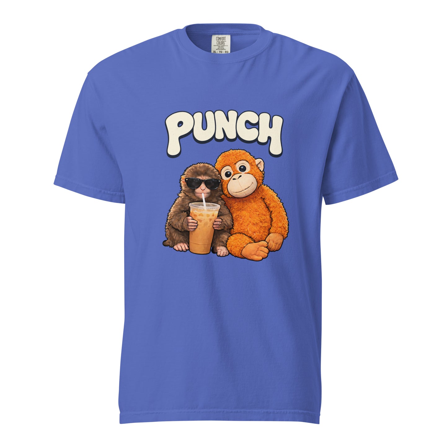 Blue t-shirt with cartoon monkeys and 'PUNCH' text on a white background