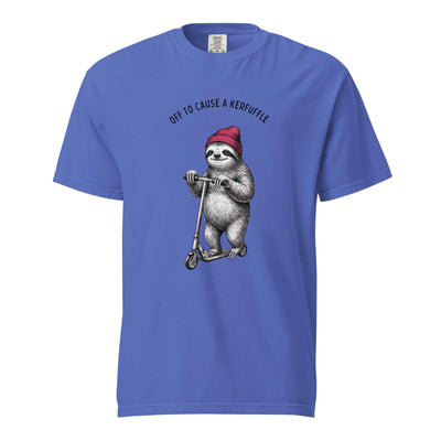Off to Cause a Kerfuffle Funny Sloth Scooter T-Shirt Flo Blue