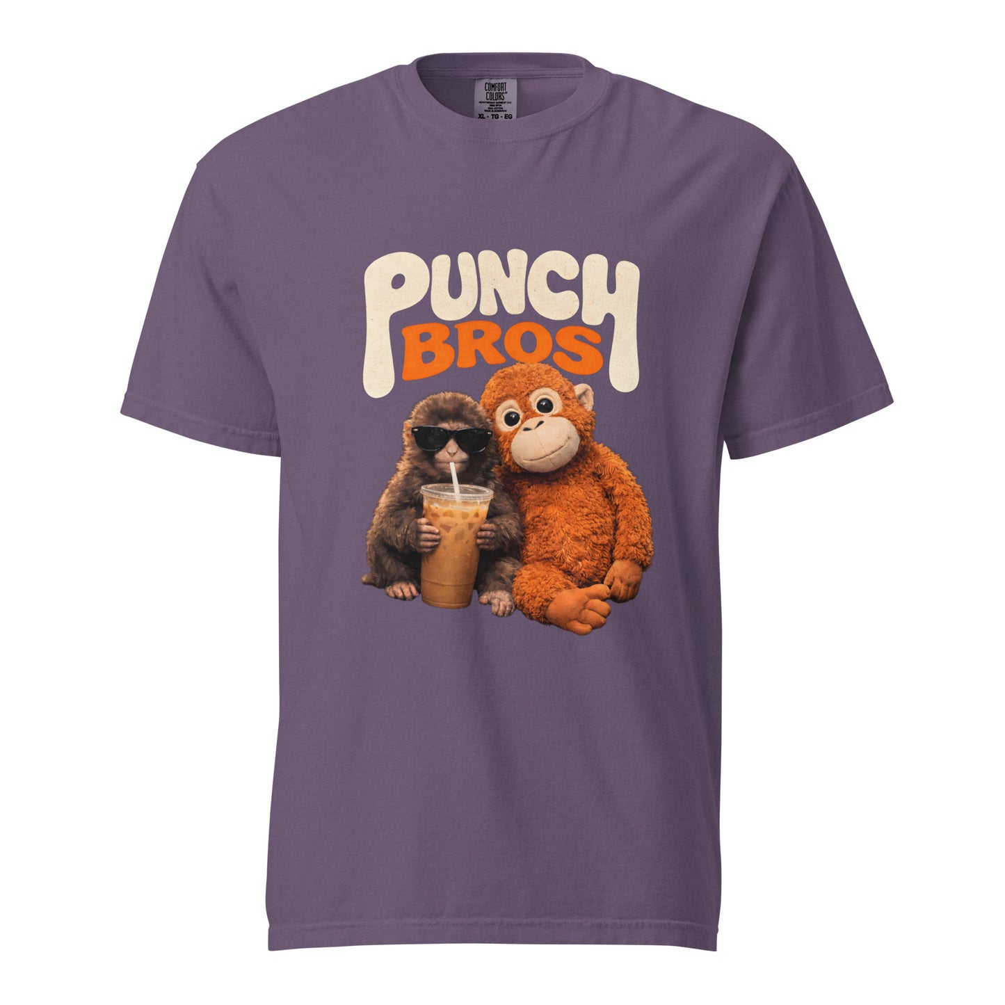 Purple t-shirt with 'Punch Bros' graphic featuring two monkeys and a drink on a white background