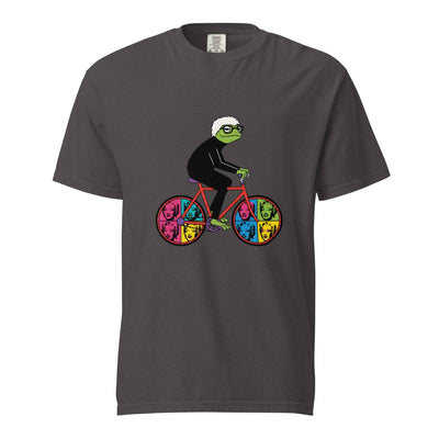 Graphite gray Andy Warhol inspired frog cyclist pop art graphic t-shirt - pop art frog on bicycle graphic tee