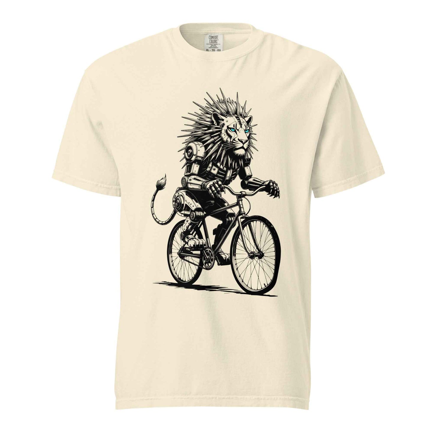 Ivory Robot lion riding bicycle cyberpunk cycling gift graphic tee - steampunk lion cyclist shirt
