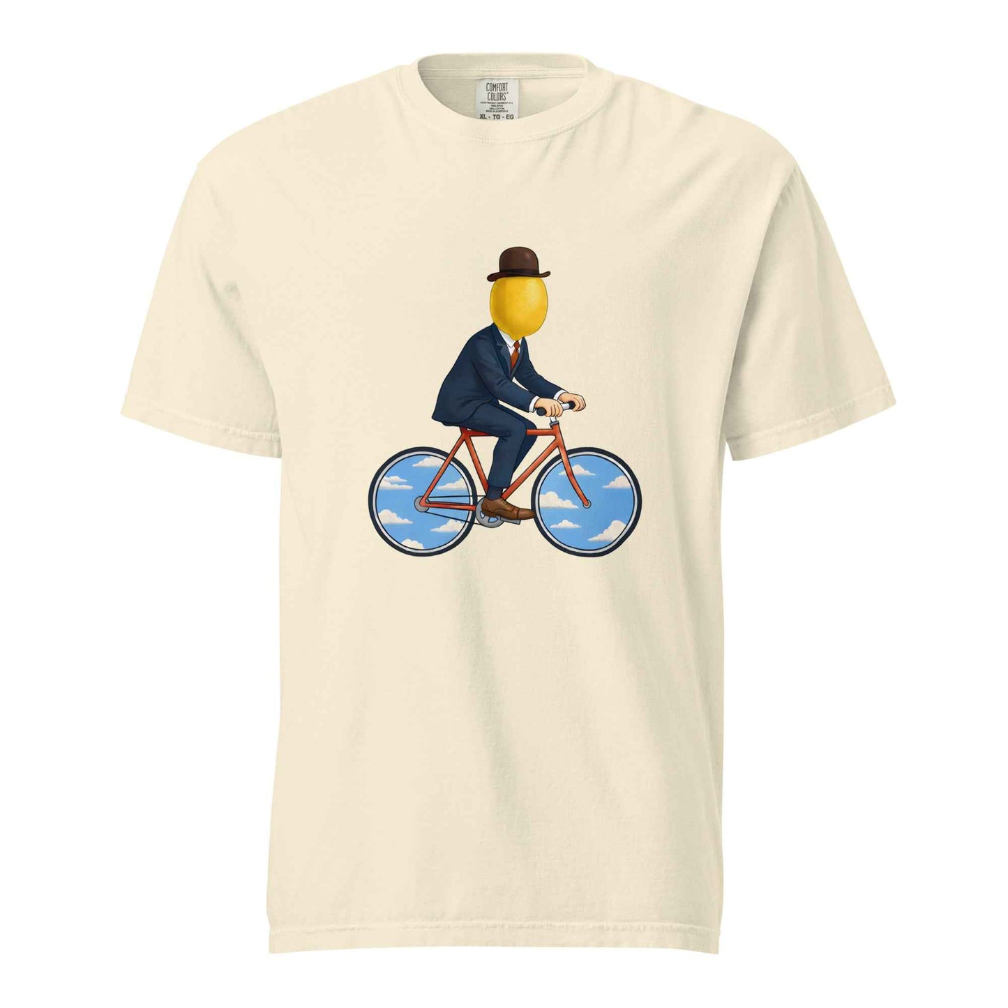 Ivory Rene Magritte-inspired surreal commute cycling graphic t-shirt - gift for cyclist and art lover