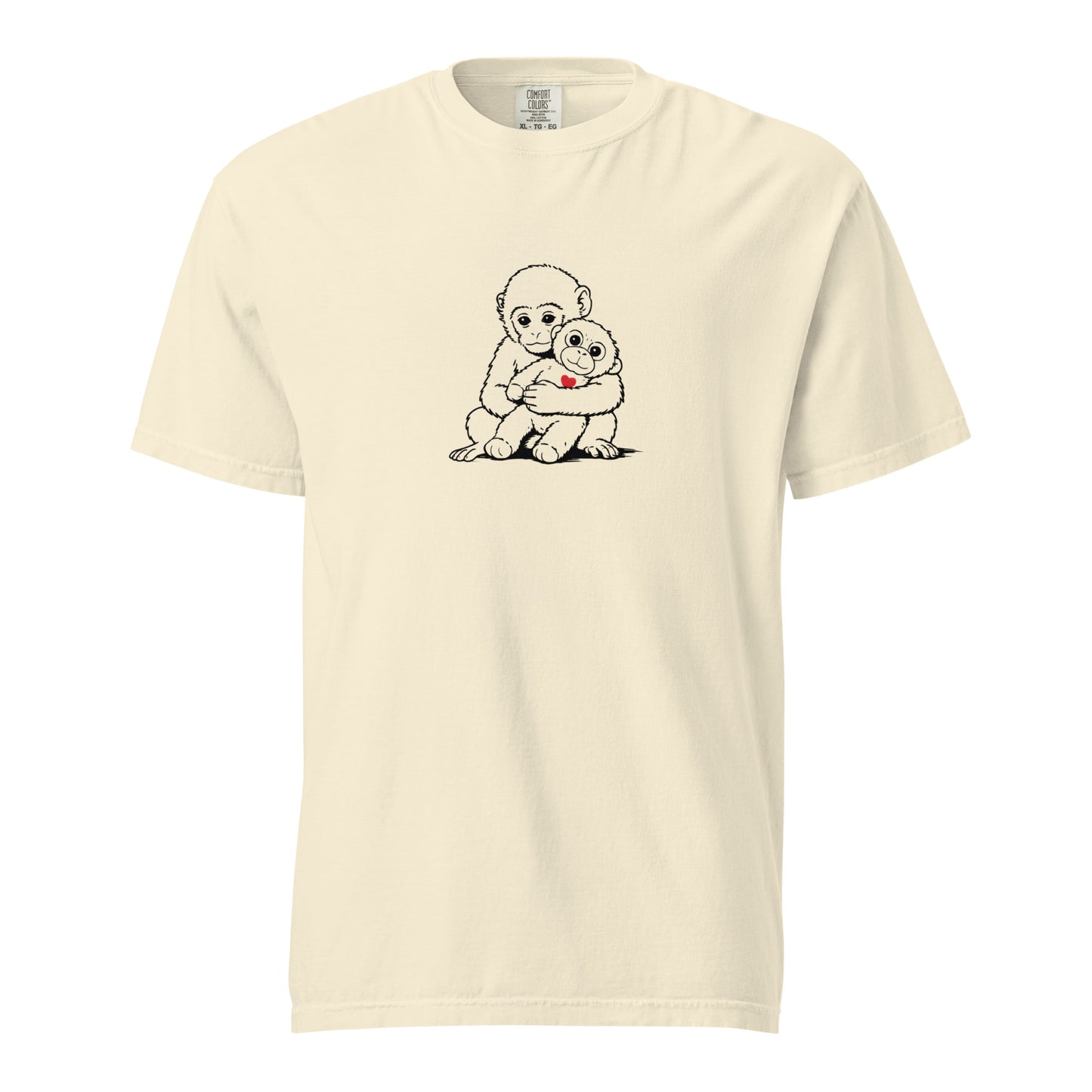 Beige Monkey Punch minimalist art t-shirt with baby macaque holding plushie - punch monkey fan shirt