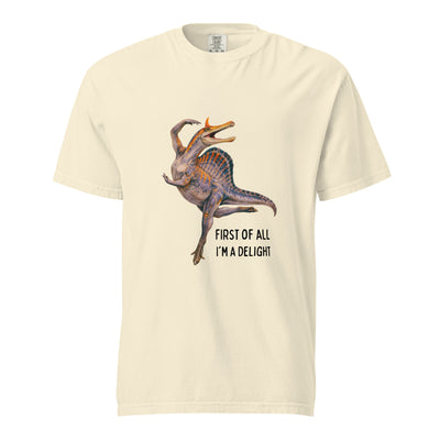 Ivory Spinosaurus Mirabilis First Of All I'm A Delight dinosaur tee - newly discovered dinosaur shirt