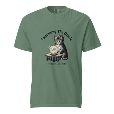 Light green Consulting the Oracle funny fortune teller cat graphic tee - mystical cat crystal ball tee
