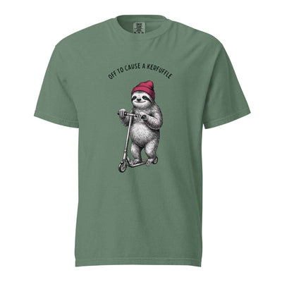 Off to Cause a Kerfuffle Funny Sloth Scooter T-Shirt Light Green