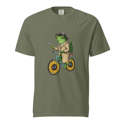 Moss green Van Gogh inspired frog cyclist graphic t-shirt - frog on bicycle van gogh style tee