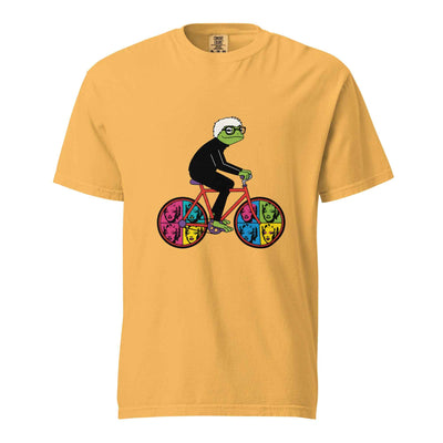 Mustard yellow Andy Warhol inspired frog cyclist pop art graphic t-shirt - andy warhol pop art frog shirt