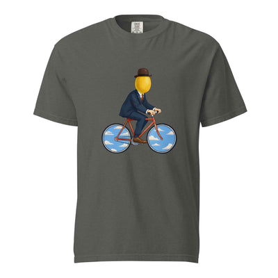 Pepper brown Rene Magritte-inspired surreal commute cycling graphic t-shirt - surrealist art bicycle lover tee