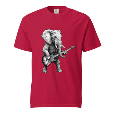 Red Heavy Rhythm elephant playing bass guitar graphic t-shirt - elephant musician graphic tee