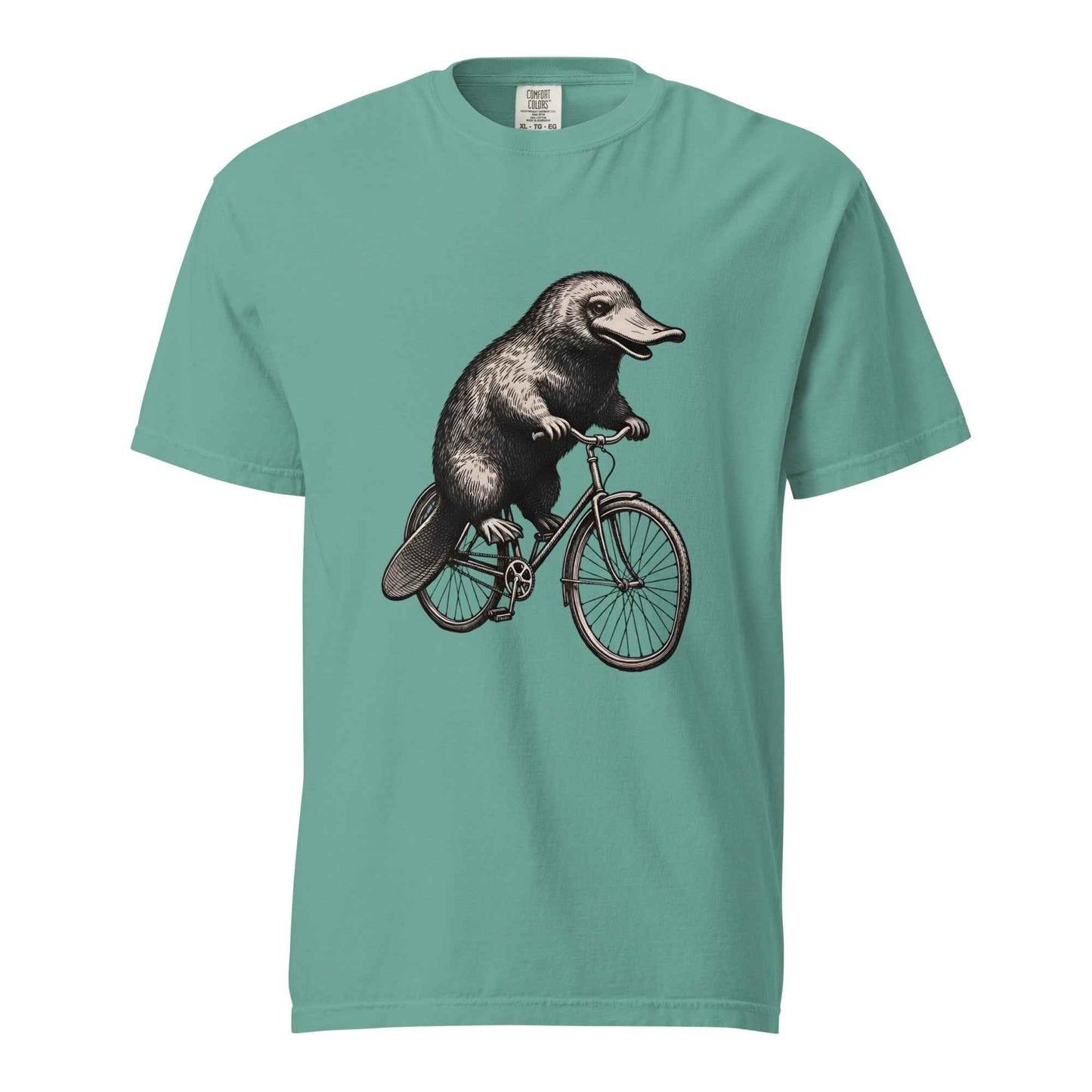 Seafoam green vintage style platypus riding bicycle graphic t-shirt - platypus bike cottagecore shirt