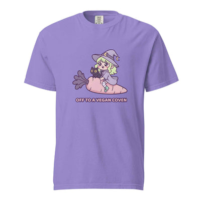 Violet purple Off to a Vegan Coven cute kawaii vegan witch graphic tee - cute vegan witch halloween tee