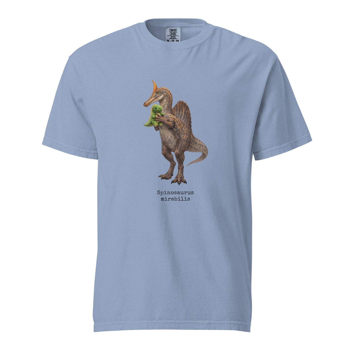 Light blue t-shirt with a Spinosaurus mirabilis and a plush toy on a white background