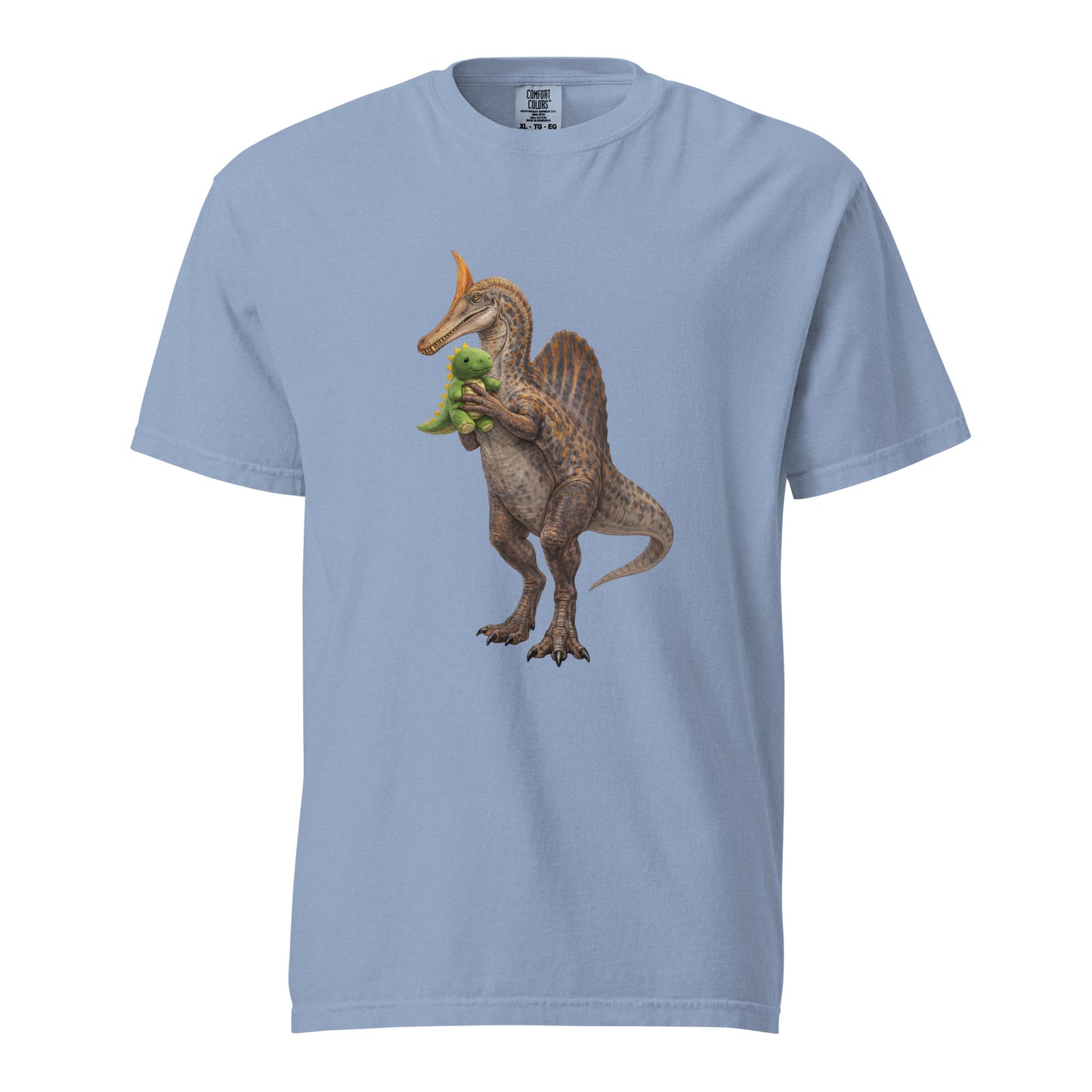 Light blue newly discovered Spinosaurus mirabilis and plushie tee - hell heron dinosaur tee