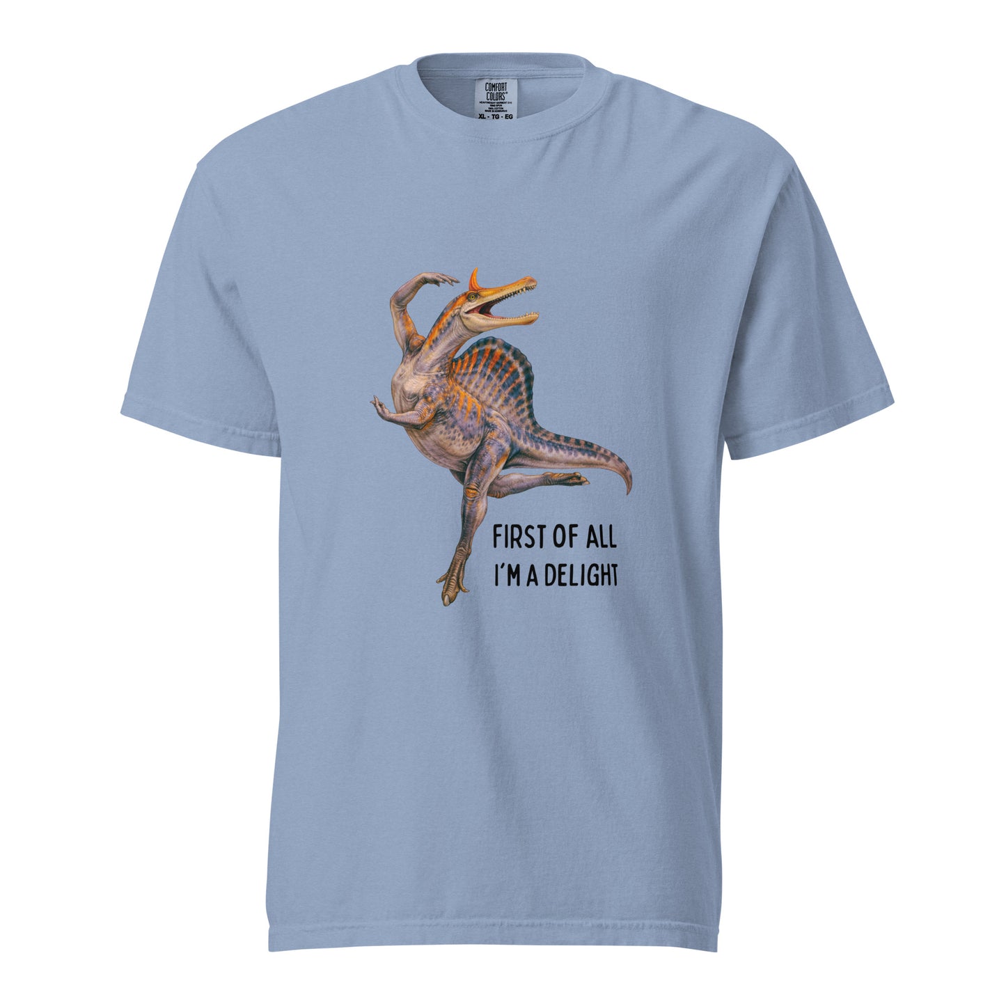 Washed denim Spinosaurus Mirabilis First Of All I'm A Delight tee - hell heron dinosaur tee