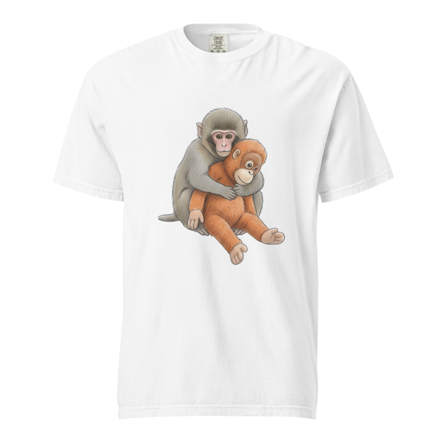 White Baby Monkey Punch hugging plushie graphic tee - baby macaque hugging plush shirt