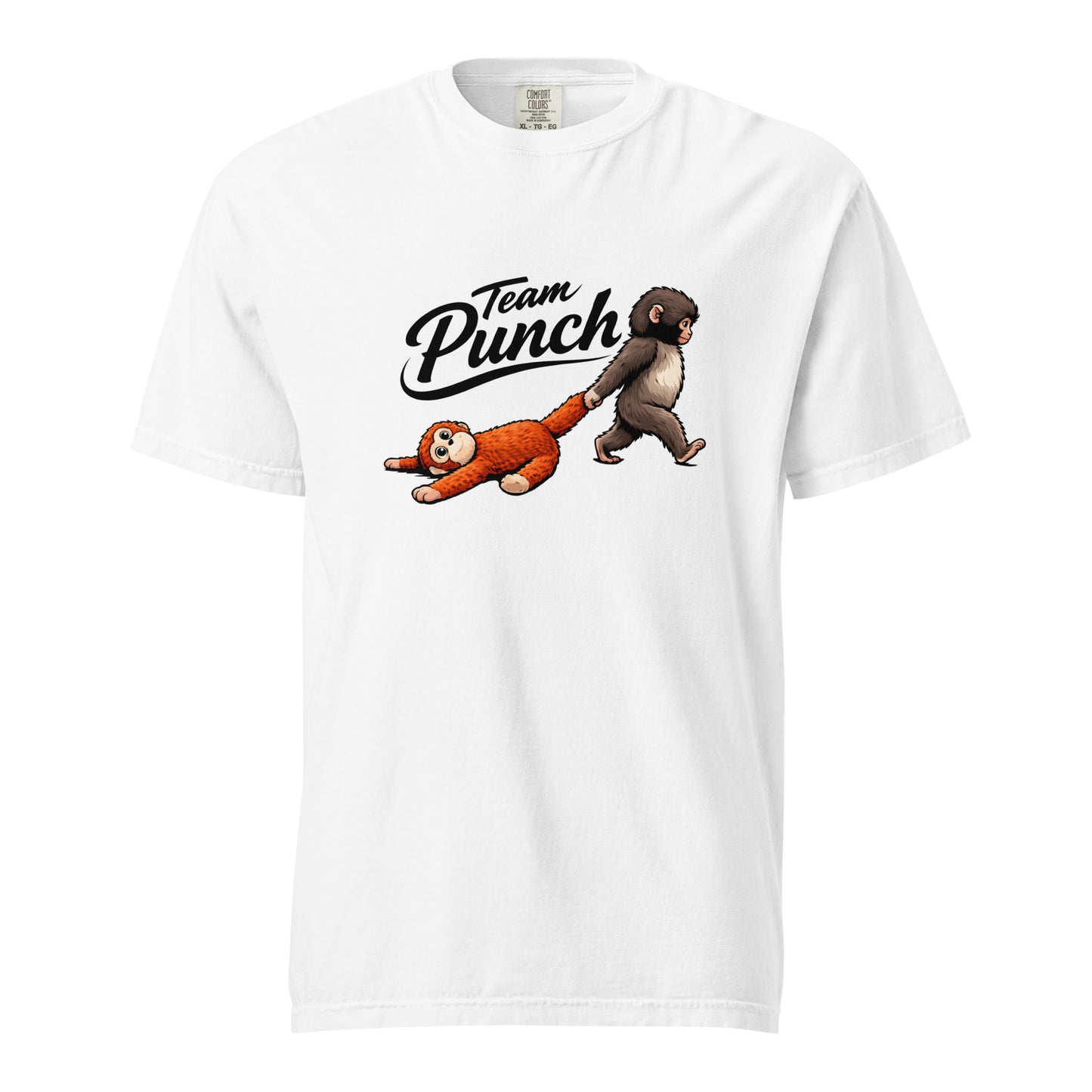 White Team Punch t-shirt with cartoon monkeys and plushie - punch monkey meme shirt