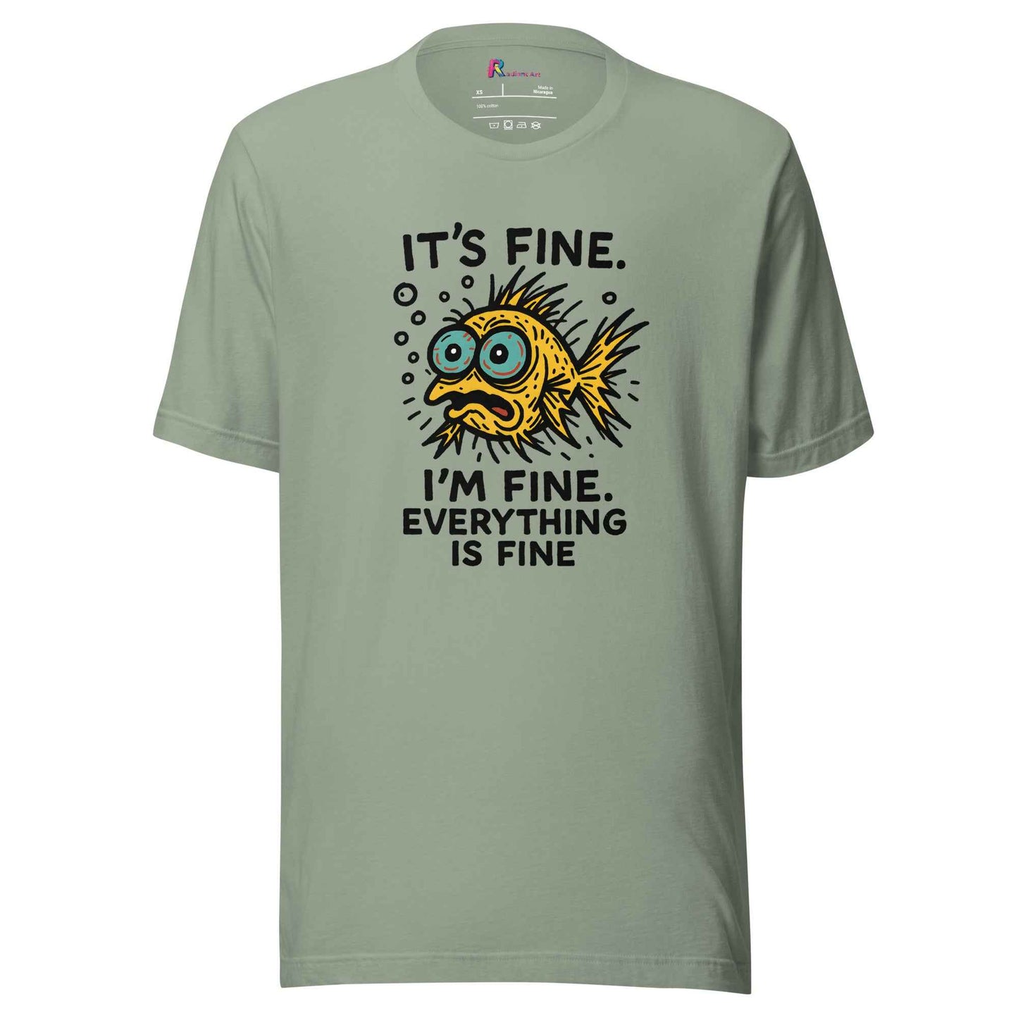 Funny Fish “It’s Fine” T-Shirt, Mental Health Humor Tee, I'm Fine Everything's Fine Shirt, Sarcastic Panic Meme Tee