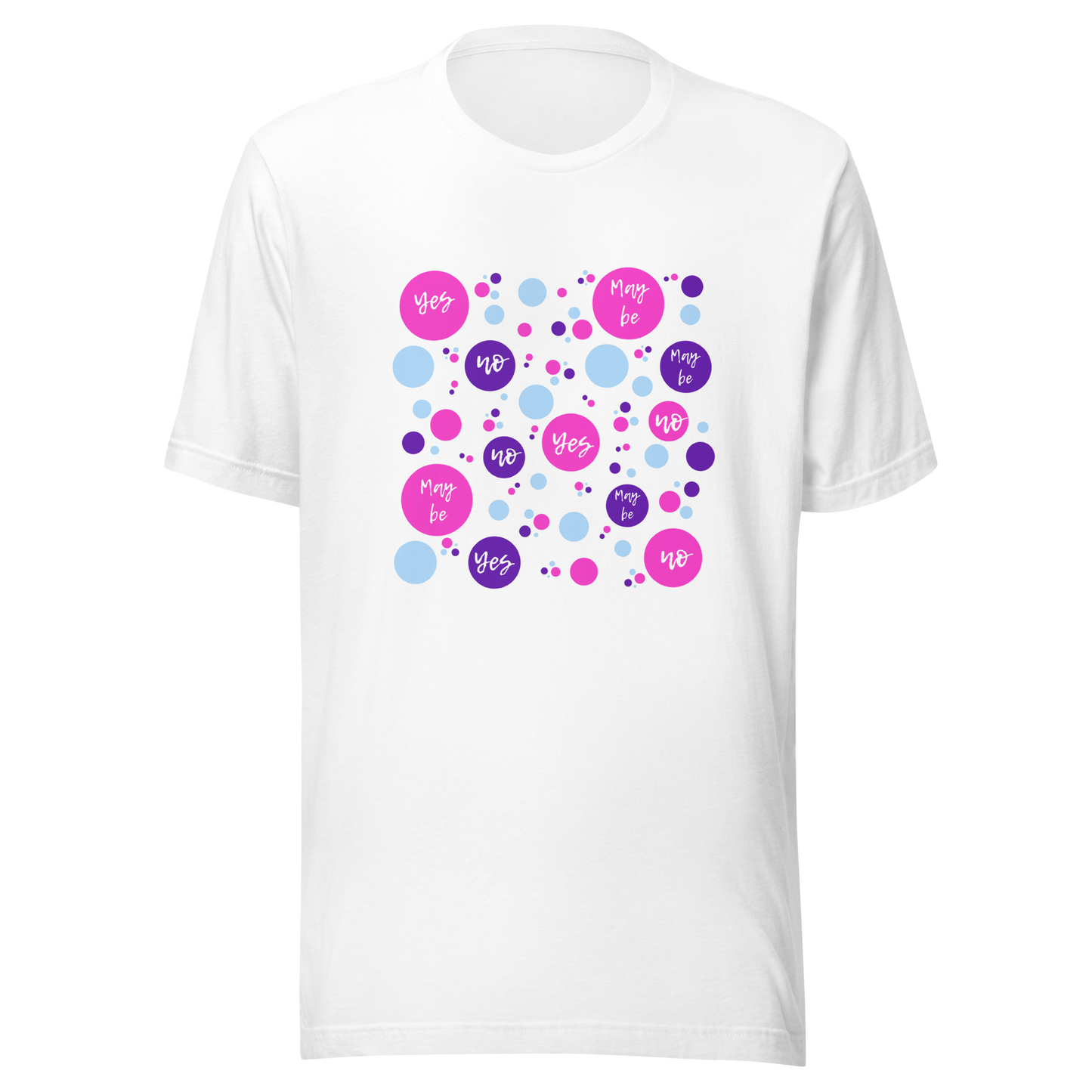 Unisex t-shirt with circles and words "Yes, No, Maybe"