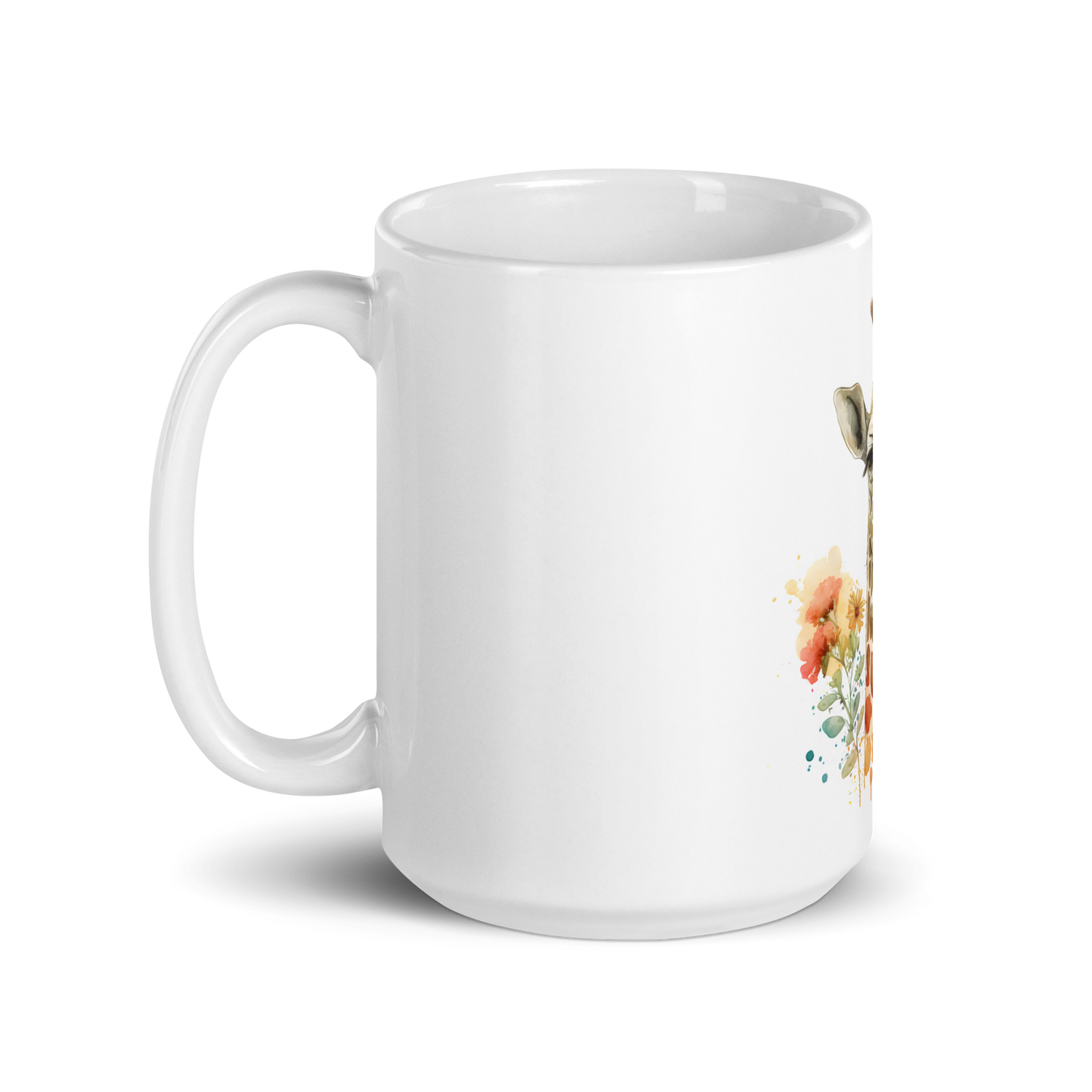 White glossy mug with giraffe