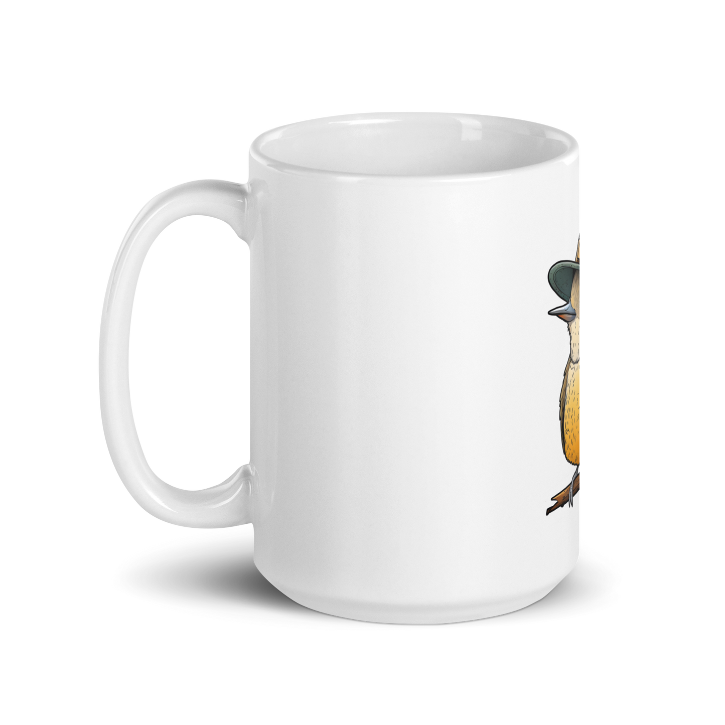White glossy mug with a cute bird in a hat