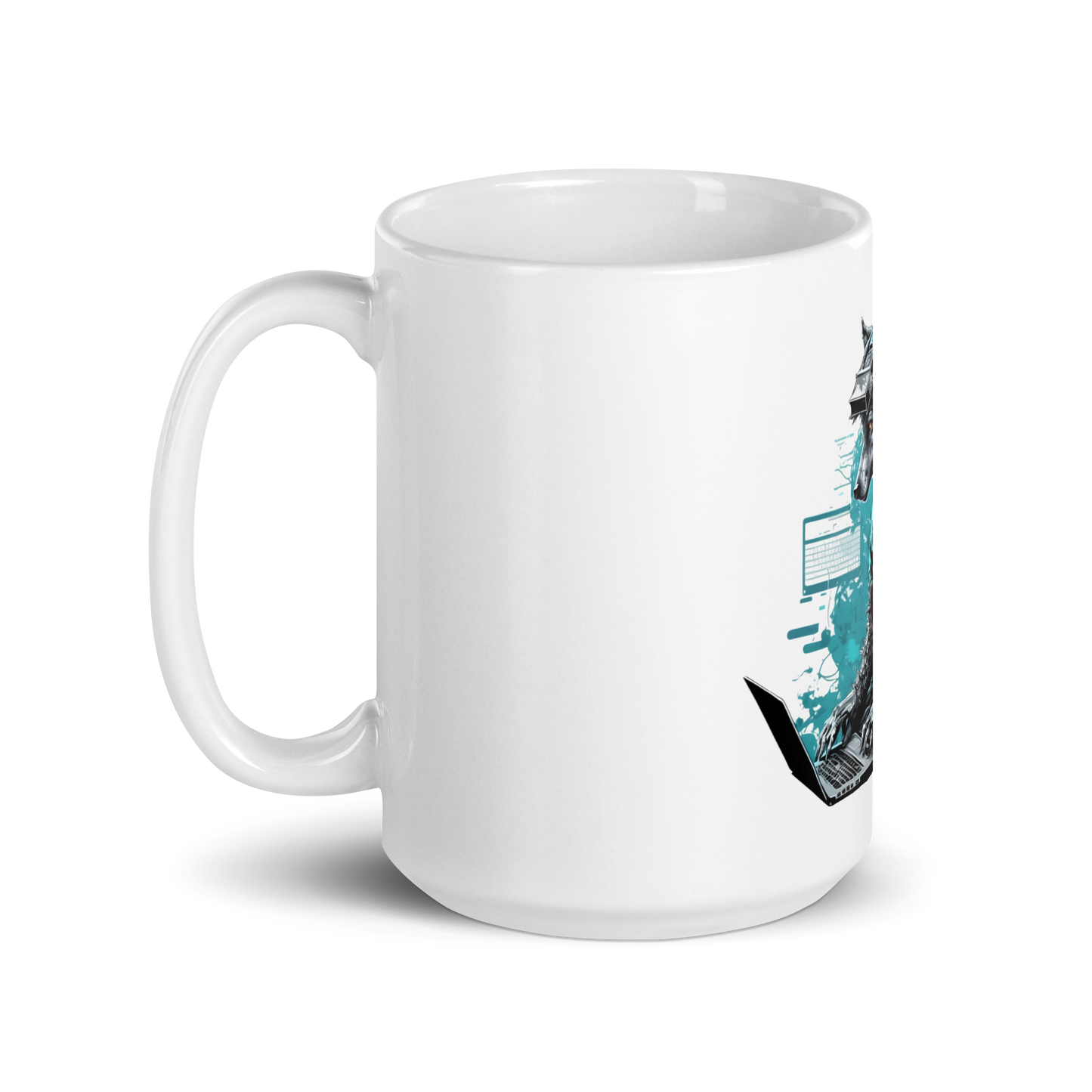 White glossy mug with wolf-hacker, programmer