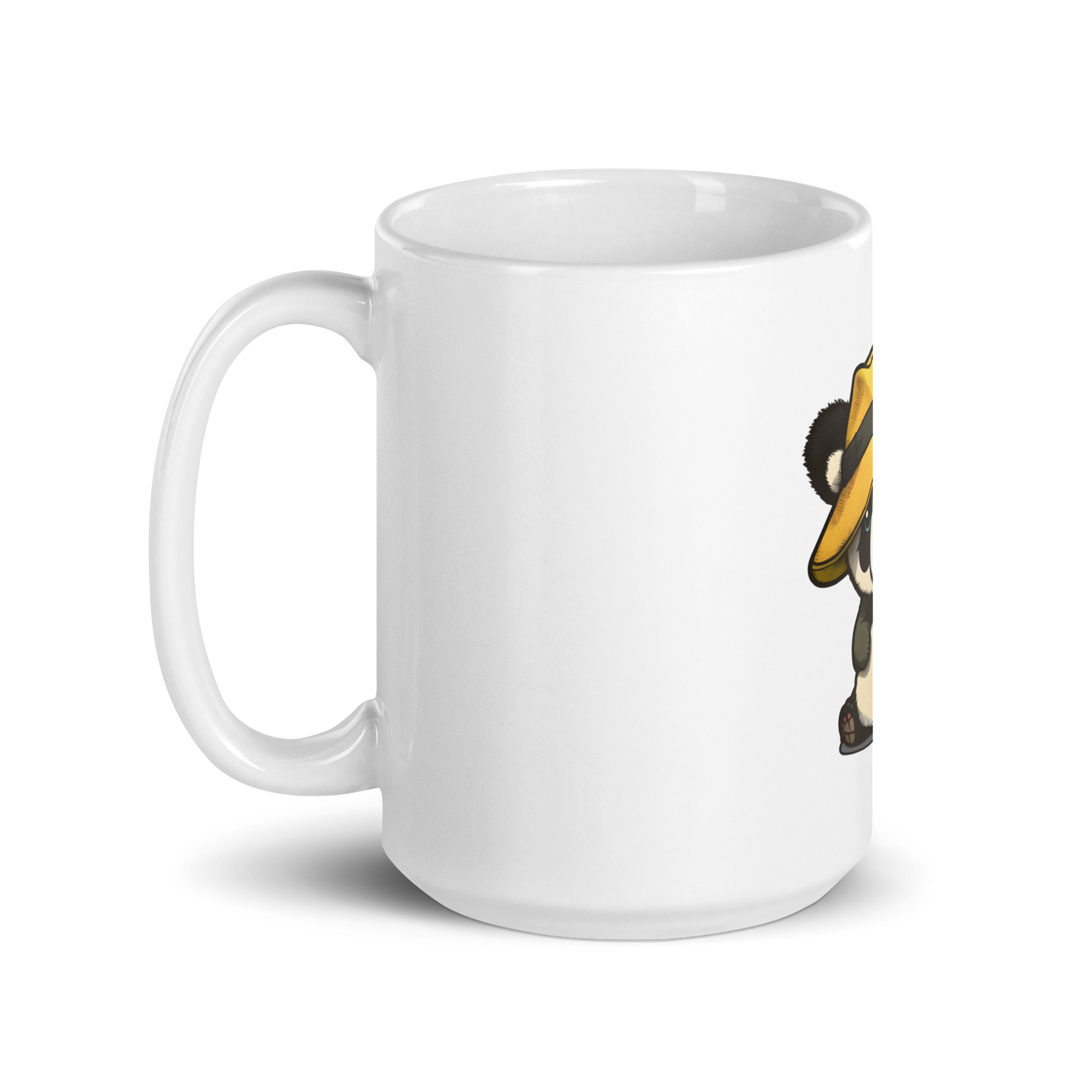 White glossy mug with cute panda in the hat