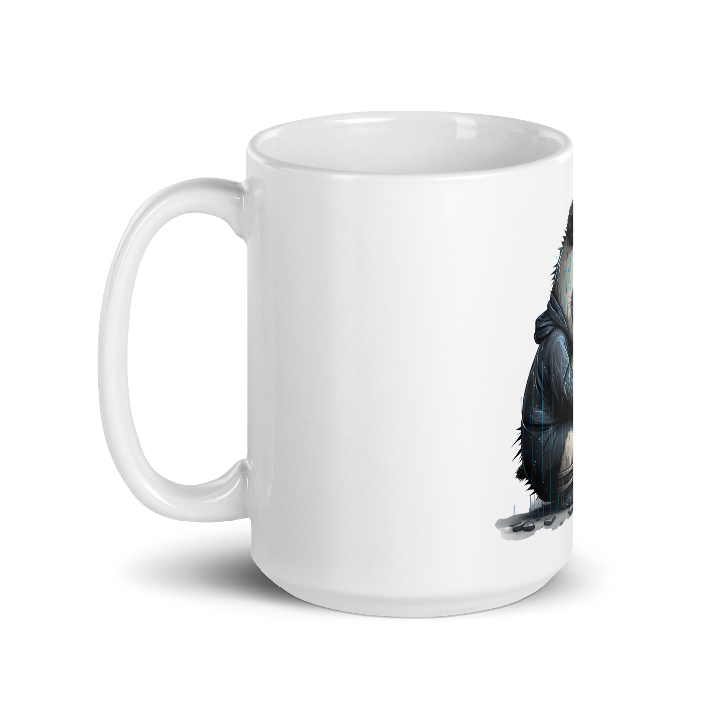 White glossy mug with panda-programmer, coder
