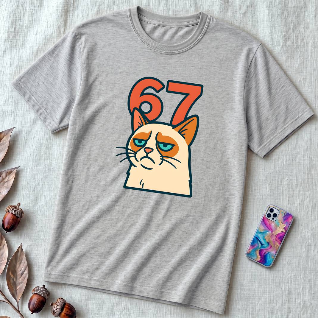 67 Grumpy Cat Meme Shirt | Unisex Trendy Graphic Tee - Athletic Heather unfolded t-shirt mockup