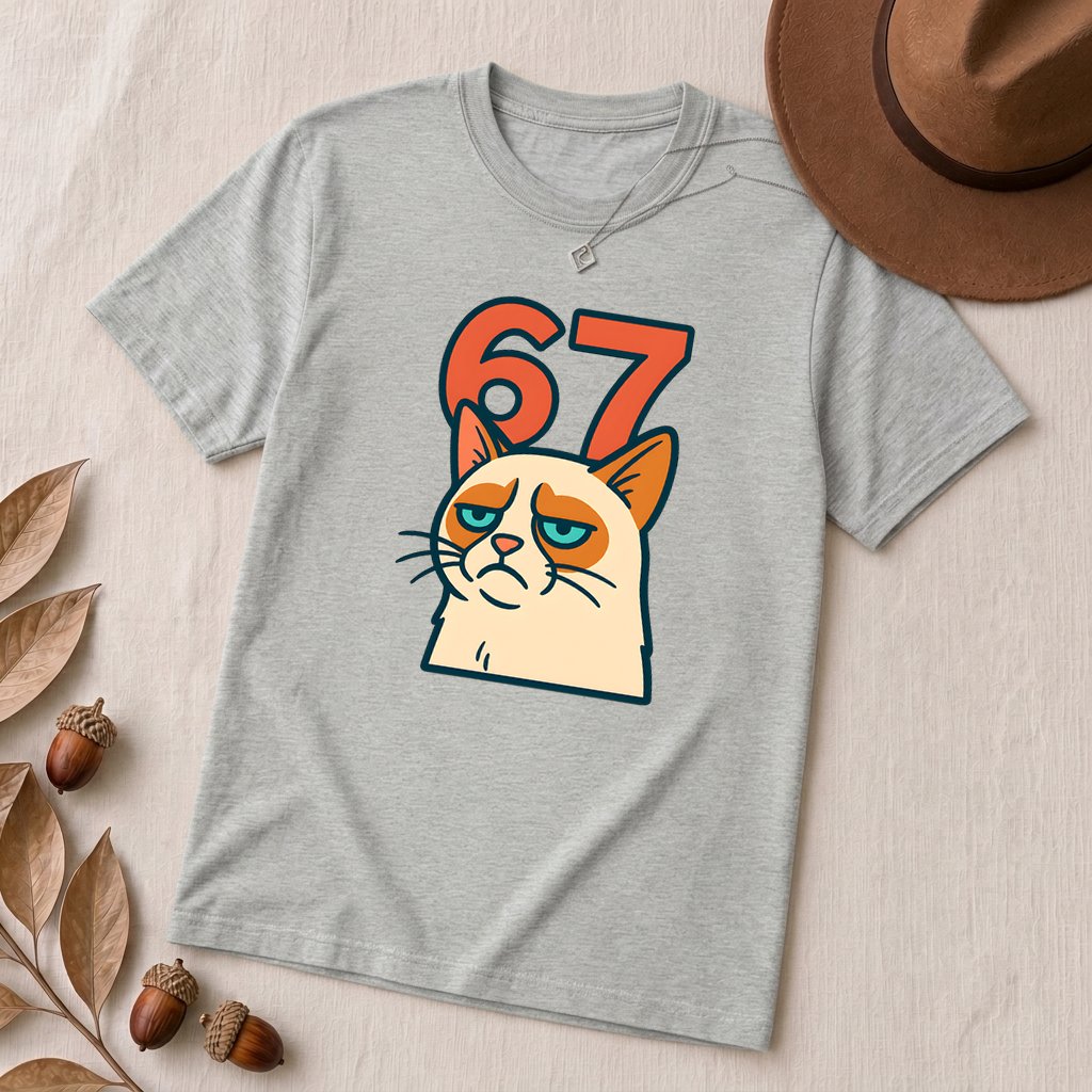 67 Grumpy Cat Meme Shirt | Unisex Trendy Graphic Tee - Athletic Heather unfolded t-shirt mockup