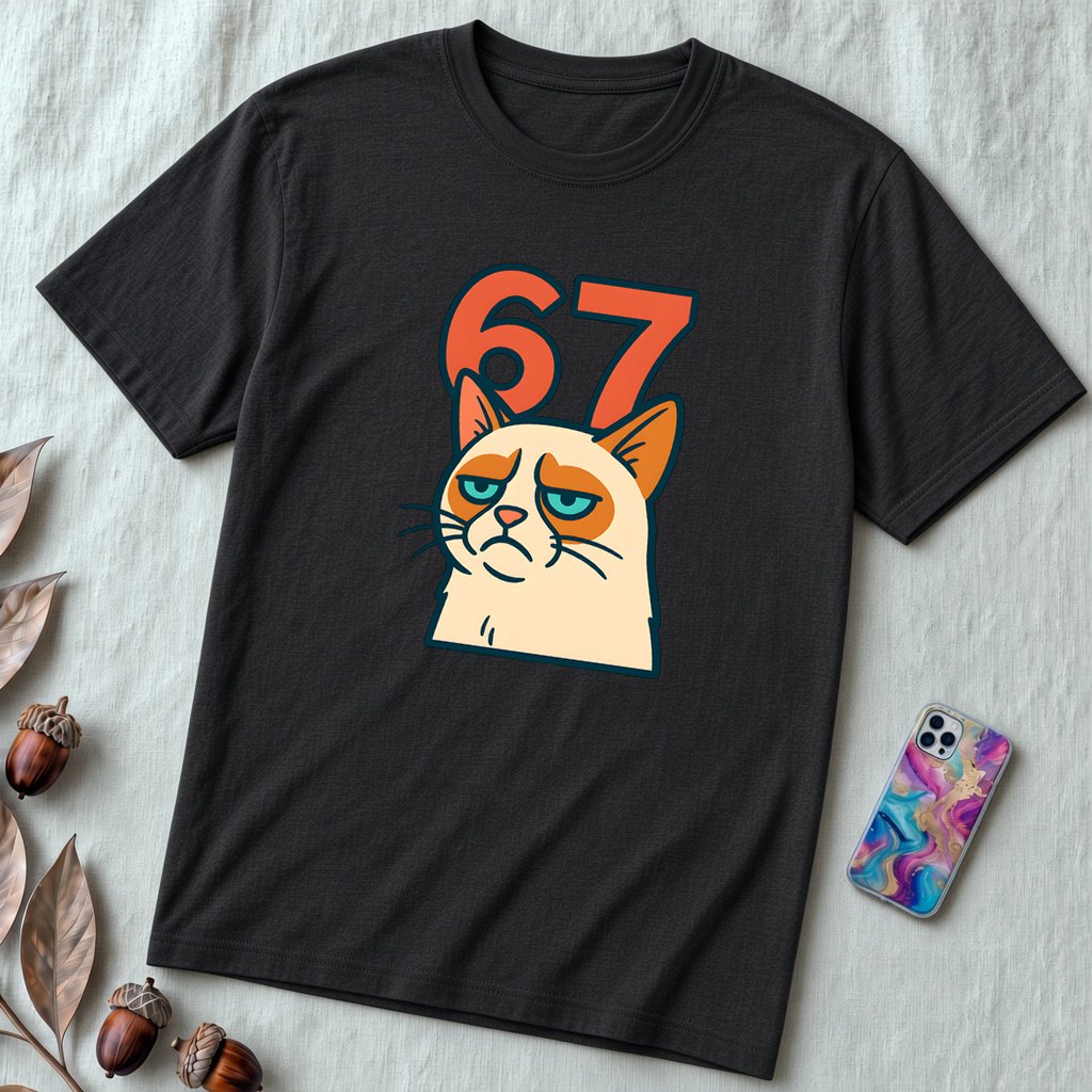 67 Grumpy Cat Meme Shirt | Unisex Trendy Graphic Tee - Black Heather unfolded t-shirt mockup