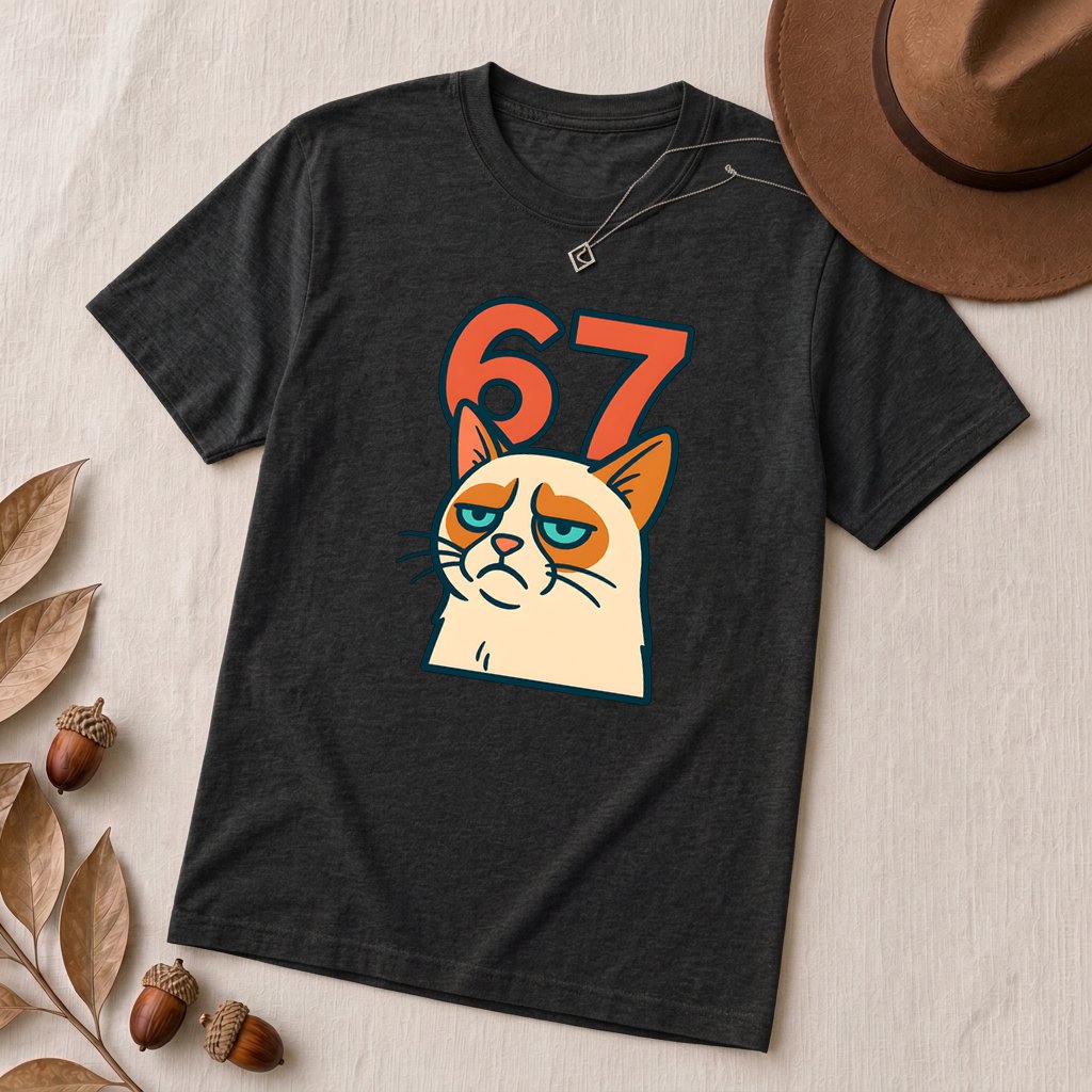 67 Grumpy Cat Meme Shirt | Unisex Trendy Graphic Tee - Black Heather unfolded t-shirt mockup