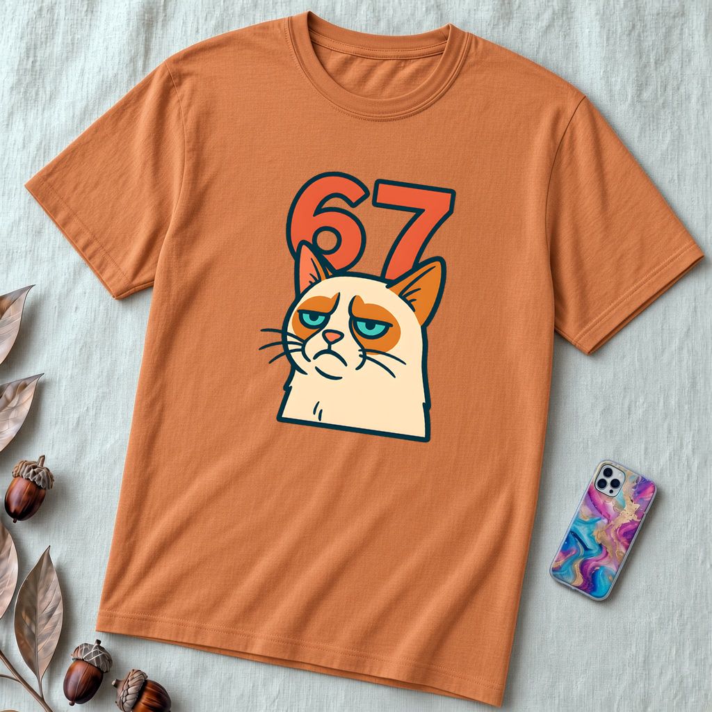 67 Grumpy Cat Meme Shirt | Unisex Trendy Graphic Tee - Heather Autumn unfolded t-shirt mockup