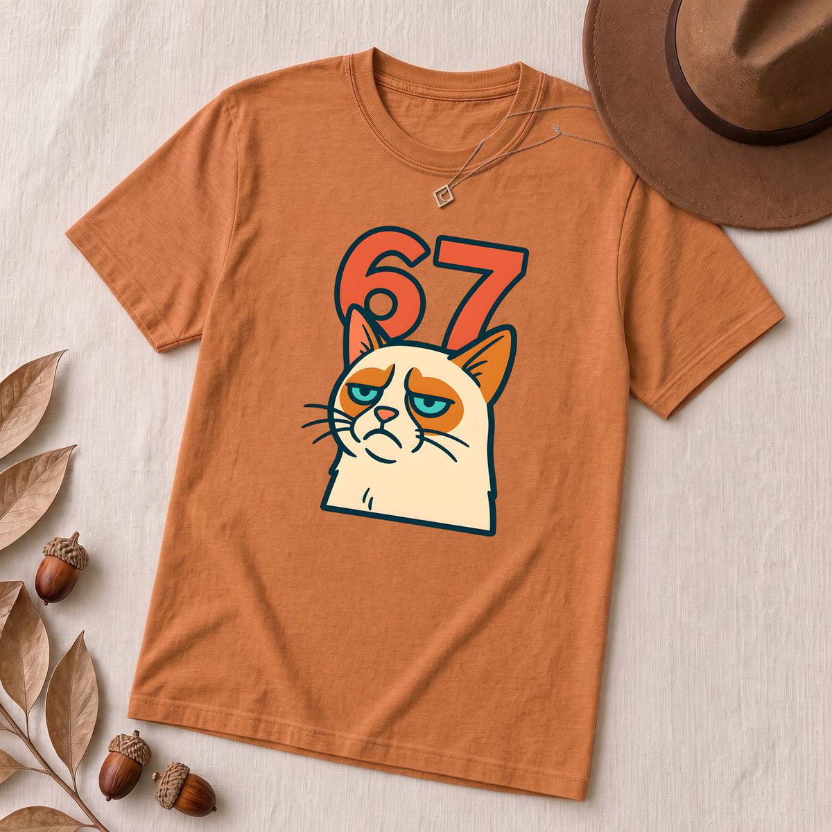 67 Grumpy Cat Meme Shirt | Unisex Trendy Graphic Tee - Heather Autumn unfolded t-shirt mockup