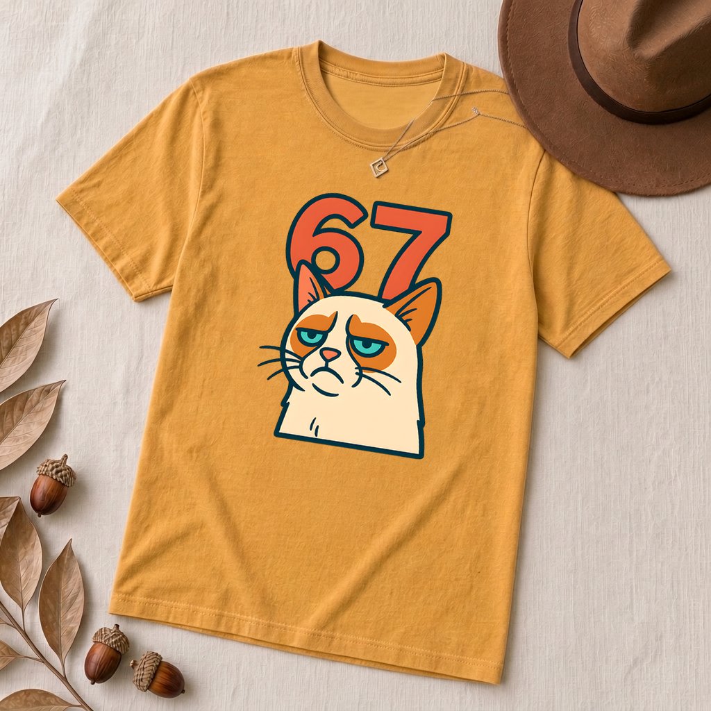 67 Grumpy Cat Meme Shirt | Unisex Trendy Graphic Tee - Heather Yellow Gold unfolded t-shirt mockup