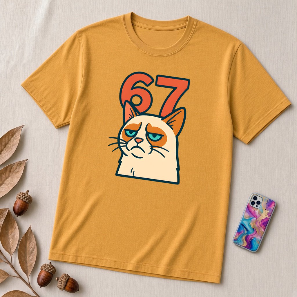 67 Grumpy Cat Meme Shirt | Unisex Trendy Graphic Tee - Heather Yellow Gold unfolded t-shirt mockup